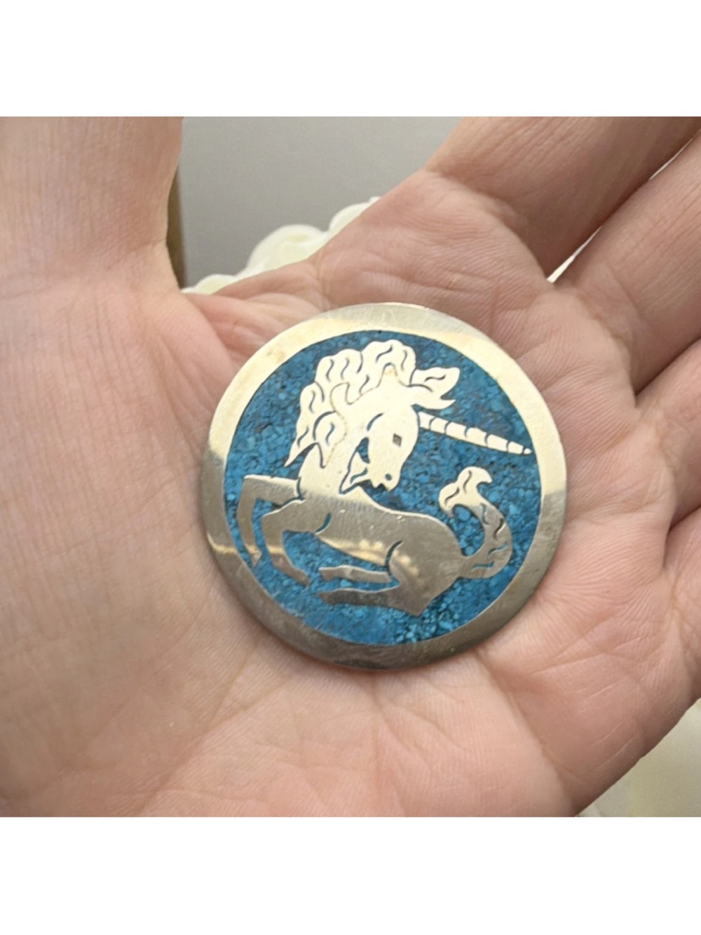 alpaca  Unicorn pendant  Blue Inlay Antique Post-1940 Marked Mexico Pin